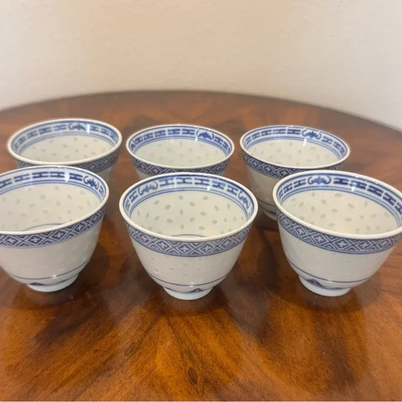 6 Chinese Rice Grain Porcelain Hand Painted Dragon Design Tea Cups - Picture 2 of 10